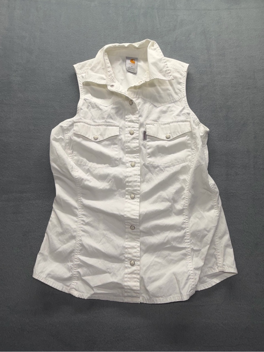 Carhartt Sleeveless Western Work Shirt Women Size S White Good Pearl Snap
